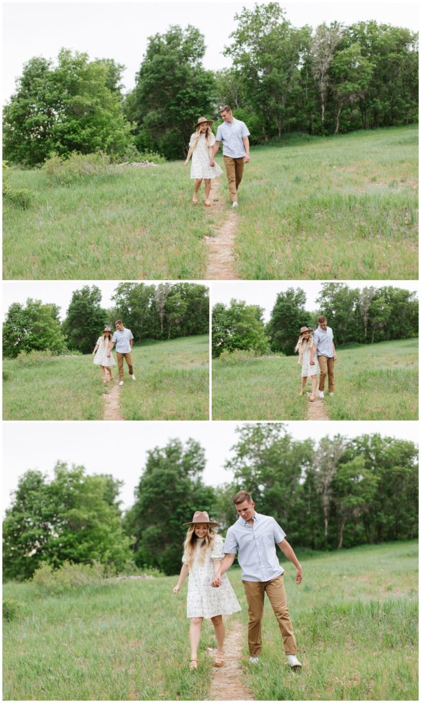 Lifestyle Photographer in Utah. Couple walking towards camera the green trees in the background. 