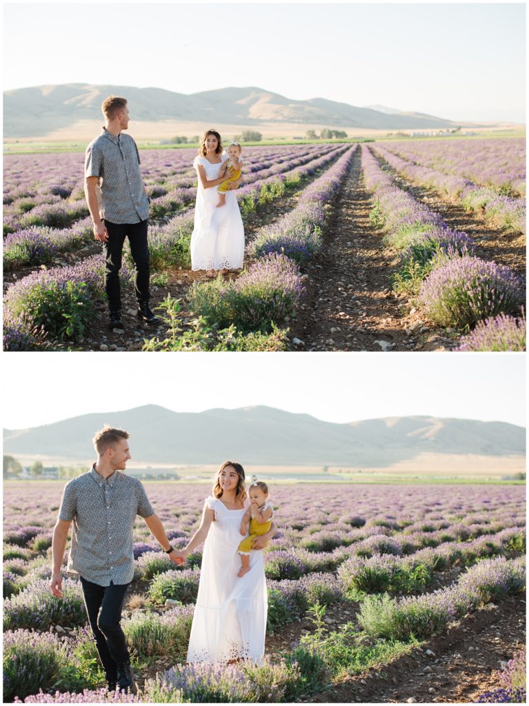 Family Walking towards the camera, holding hands. Utah Lifestyle Family Session in the Young Living Lavender Fields. Mary Horne Nelson, 2021