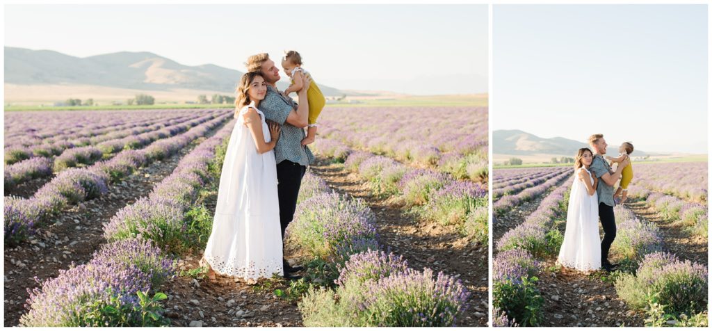 Tossing Baby girl in the air. Playful Family Session. Utah Lifestyle Family Session in the Young Living Lavender Fields. Mary Horne Nelson, 2021