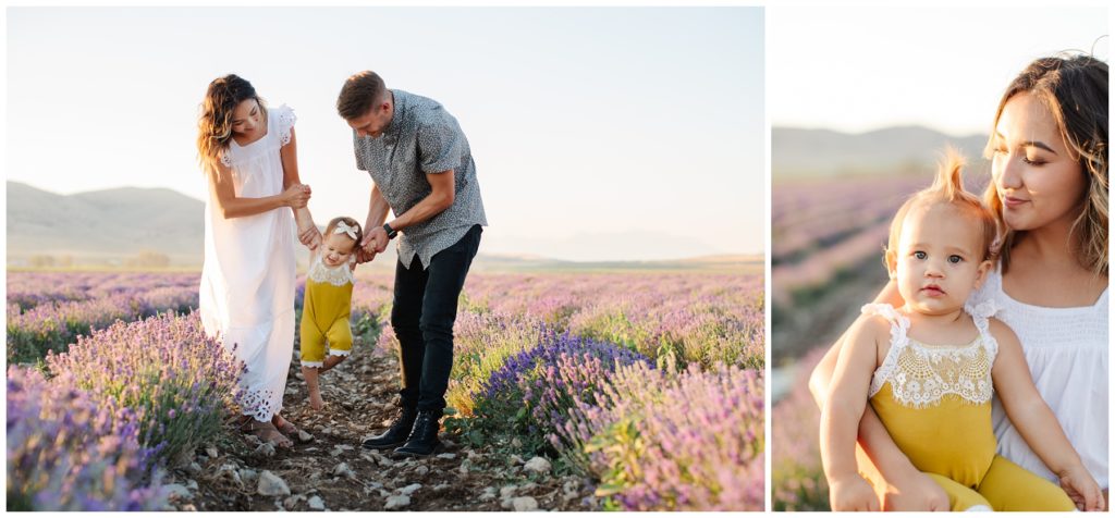 Playing walking games with baby. Utah Lifestyle Family Session in the Young Living Lavender Fields. Mary Horne Nelson, 2021