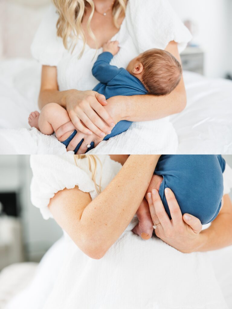 Salt Lake City Newborn Photographer. Mom holding Baby on Bed.