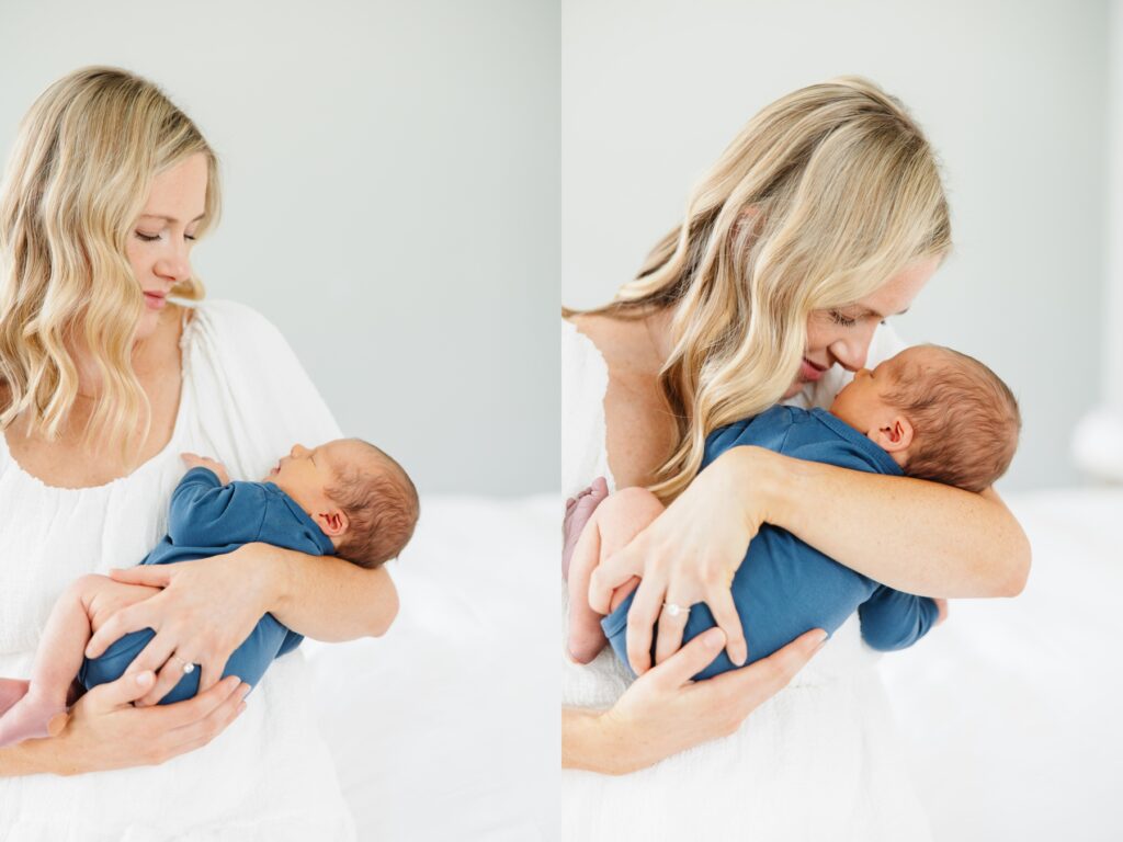 Salt Lake City Newborn Photographer. Mom holding baby and touching his nose. 