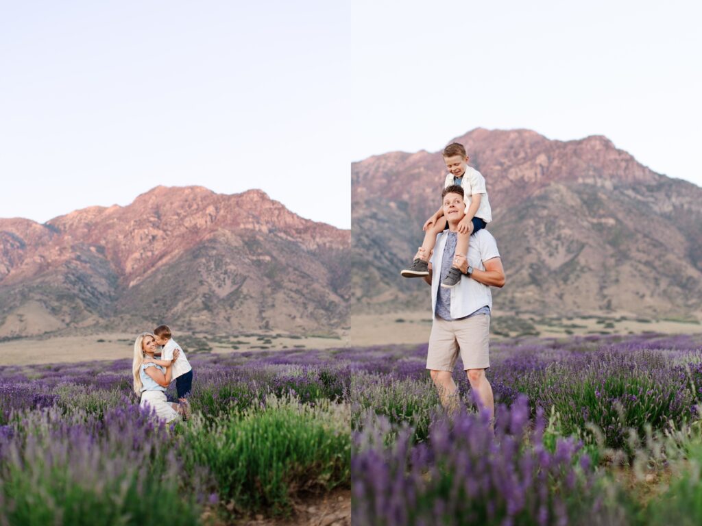 Lavender fields with mountains in Utah, mom and daughter playing and father and son playing.