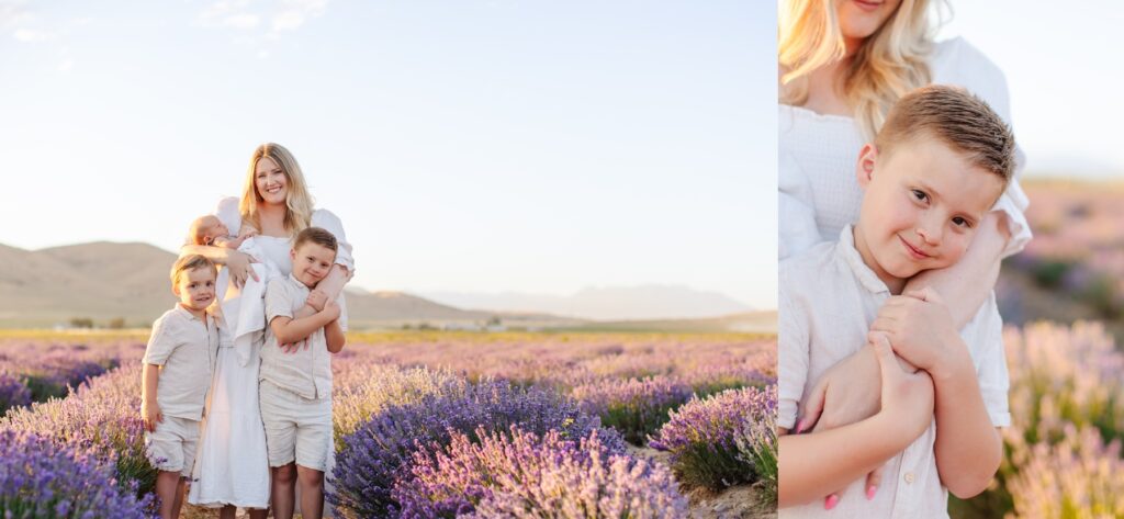 Mom snuggling her kids in a lavender field.