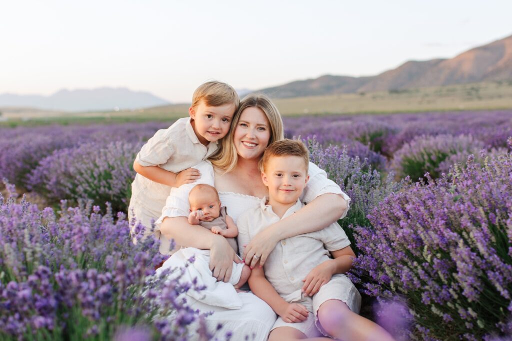 Mom with kids in Mona Lavender Farm.