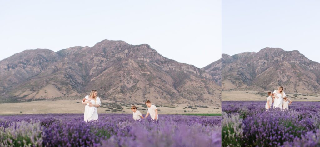 Mom walks through Mona Lavender Farm with her children with a Mountain View behind them. 