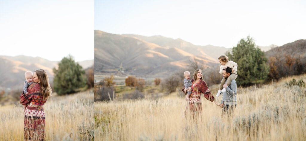 Family walking together in a field getting their fall family pictures in Salt Lake City taken.