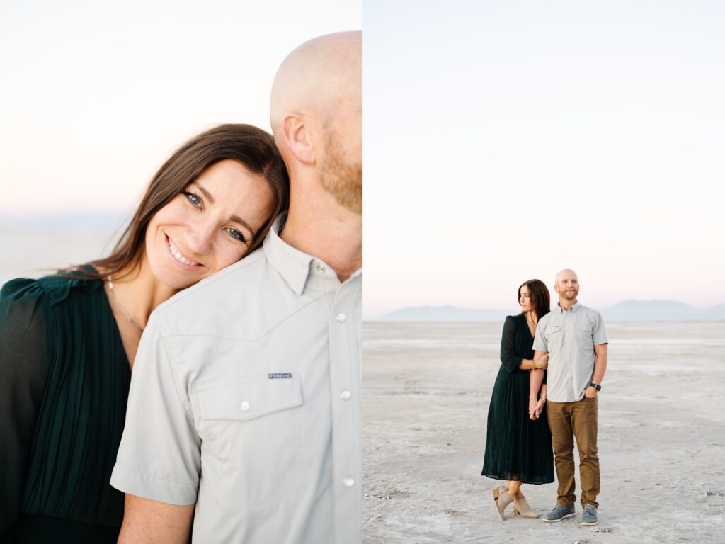 Mom and dad standing on the beach of the Great Saltair during their family pictures at sunset.